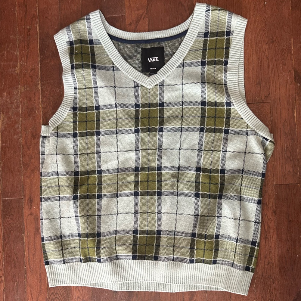 Vans Plaid Knit Vest in Green and Gray